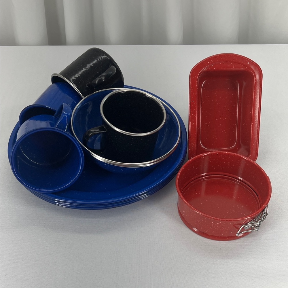 Enamelware dishes baking pans plates bowls mugs camping RV camper outdoor gear
